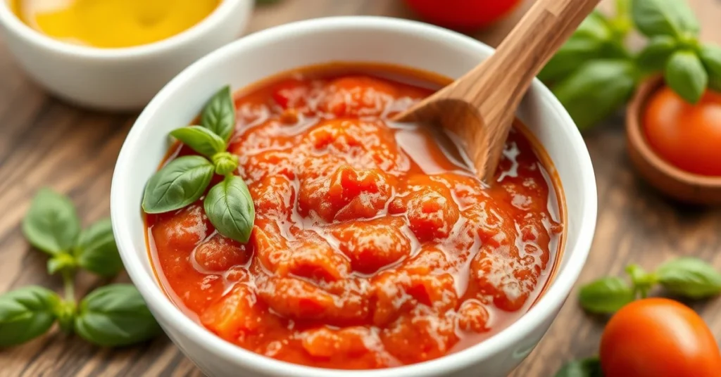 Homemade tomato sauce in a white bowl, fresh basil leaves, olive oil drizzle, wooden spoon, Italian kitchen style, natural da