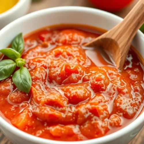 Homemade tomato sauce in a white bowl, fresh basil leaves, olive oil drizzle, wooden spoon, Italian kitchen style, natural da
