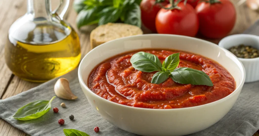 Homemade tomato sauce in a white bowl garnished with fresh basil leaves, vibrant red sauce close-up, olive oil drizzle, rusti