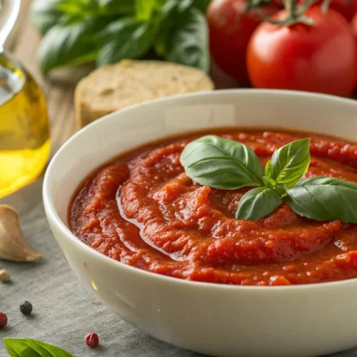 Homemade tomato sauce in a white bowl garnished with fresh basil leaves, vibrant red sauce close-up, olive oil drizzle, rusti