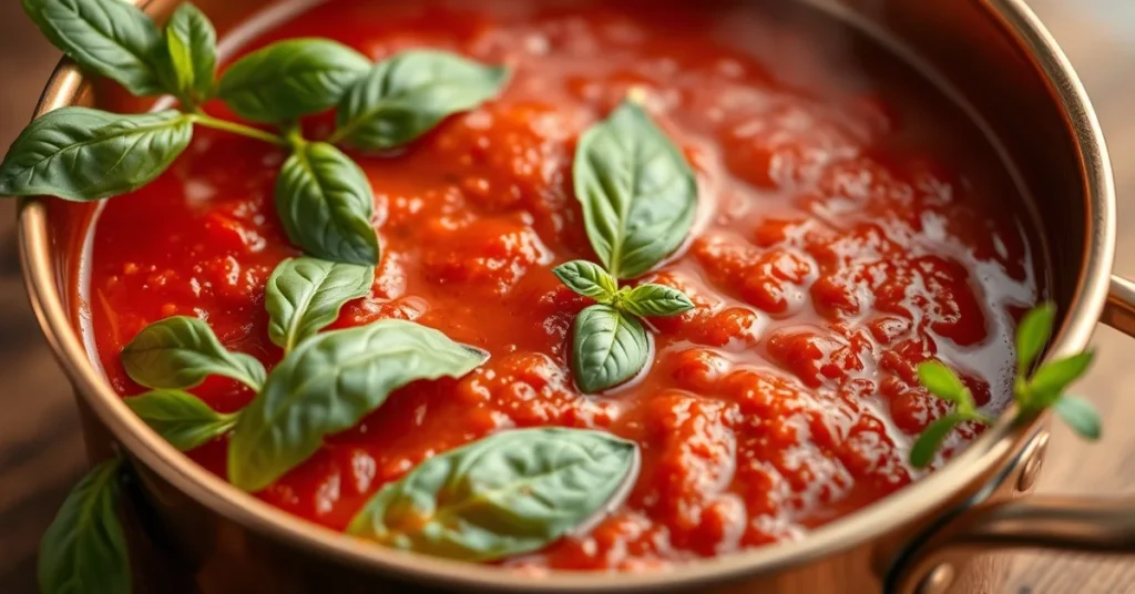 Homemade tomato sauce simmering in a copper pot, rich red color, fresh basil leaves, olive oil drizzle, Italian kitchen herbs