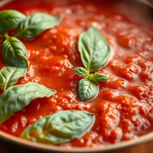 Homemade tomato sauce simmering in a copper pot, rich red color, fresh basil leaves, olive oil drizzle, Italian kitchen herbs