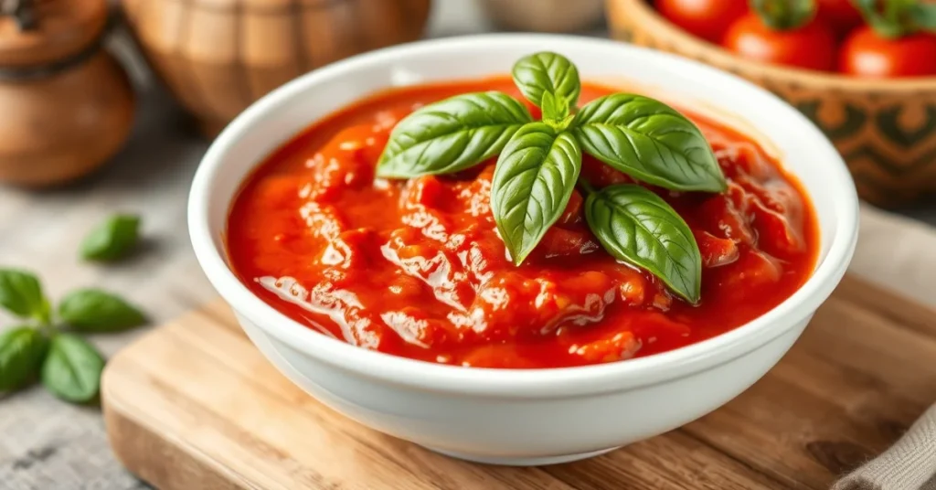 Homemade tomato sauce with fresh basil in a white bowl, vibrant red color, basil leaves on top, rustic Italian kitchen settin