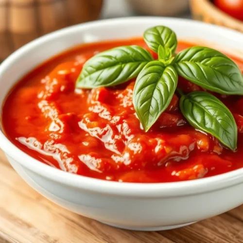 Homemade tomato sauce with fresh basil in a white bowl, vibrant red color, basil leaves on top, rustic Italian kitchen settin