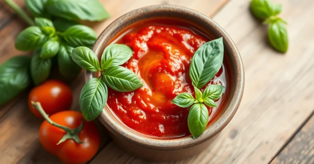 Homemade tomato sauce without sugar in a rustic ceramic bowl, fresh basil leaves, olive oil drizzle, vibrant red sauce, Medit