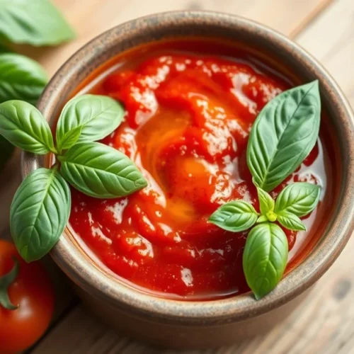Homemade tomato sauce without sugar in a rustic ceramic bowl, fresh basil leaves, olive oil drizzle, vibrant red sauce, Medit