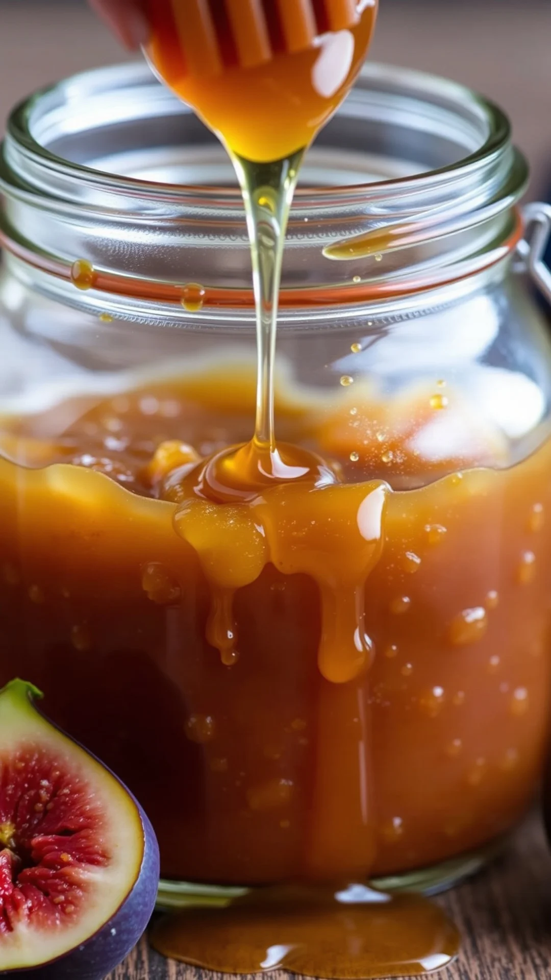 Honey ginger fig confiture, golden-brown jam texture, fresh ginger root, drizzled honey, elegant jar, artisanal food photogra