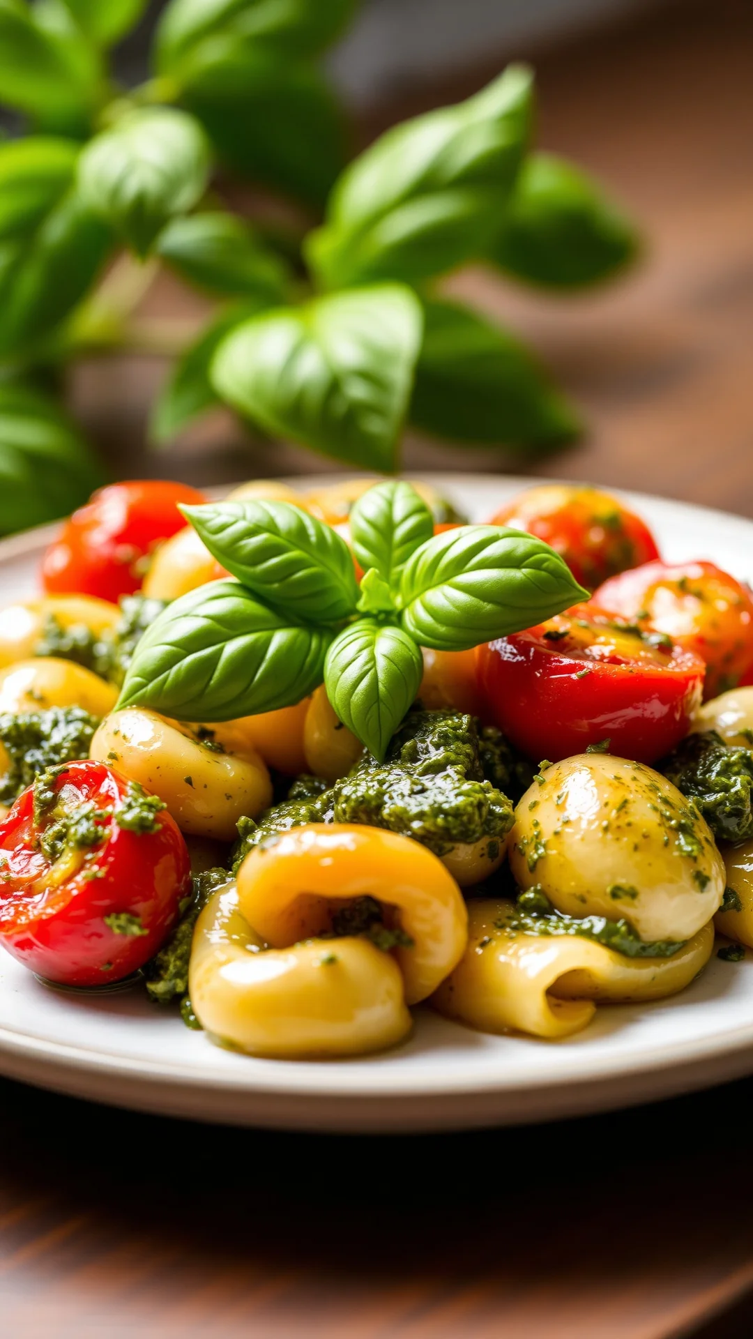 Italian gnocchi with pesto sauce and roasted cherry tomatoes, fresh basil leaves, close-up macro shot, natural window lightin