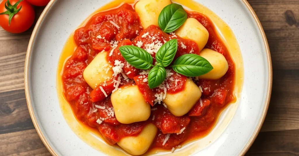 Italian gnocchi with vibrant red tomato sauce, fresh basil leaves, grated parmesan cheese, golden olive oil drizzle, rustic p