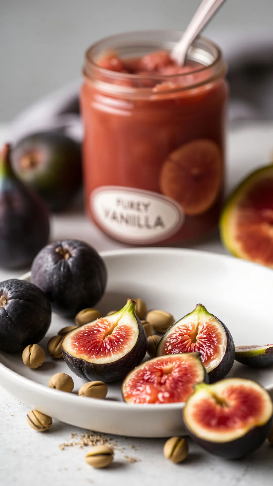 Luxury fig vanilla orange blossom jam pale rosy color, green pistachios scattered, elegant glass jar, sophisticated food styl