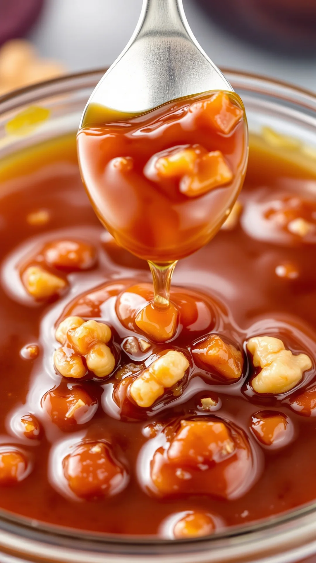 Maple syrup fig jam with crushed walnuts, rich brown color, spoon dripping, autumn theme, walnut pieces visible, close-up mac