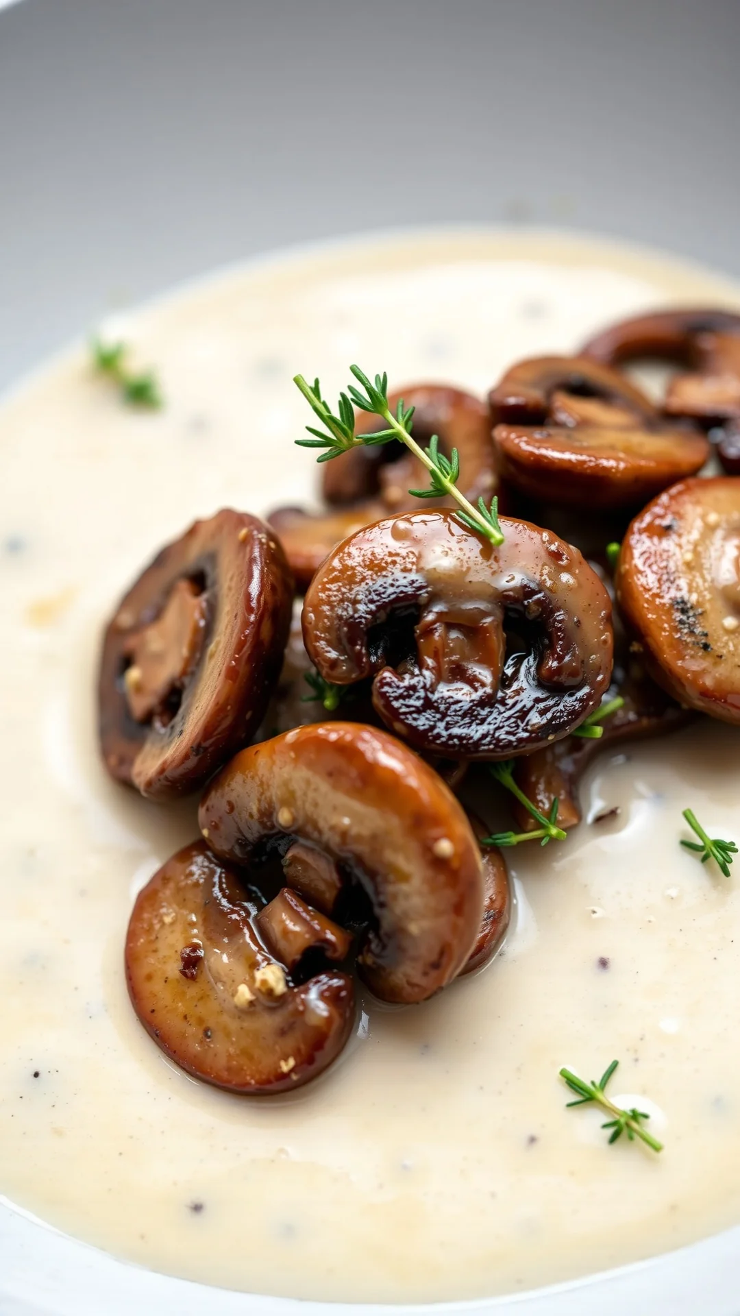 Mushroom white wine cream sauce, sautéed mushrooms, silky cream sauce, fresh thyme garnish, professional restaurant food pho
