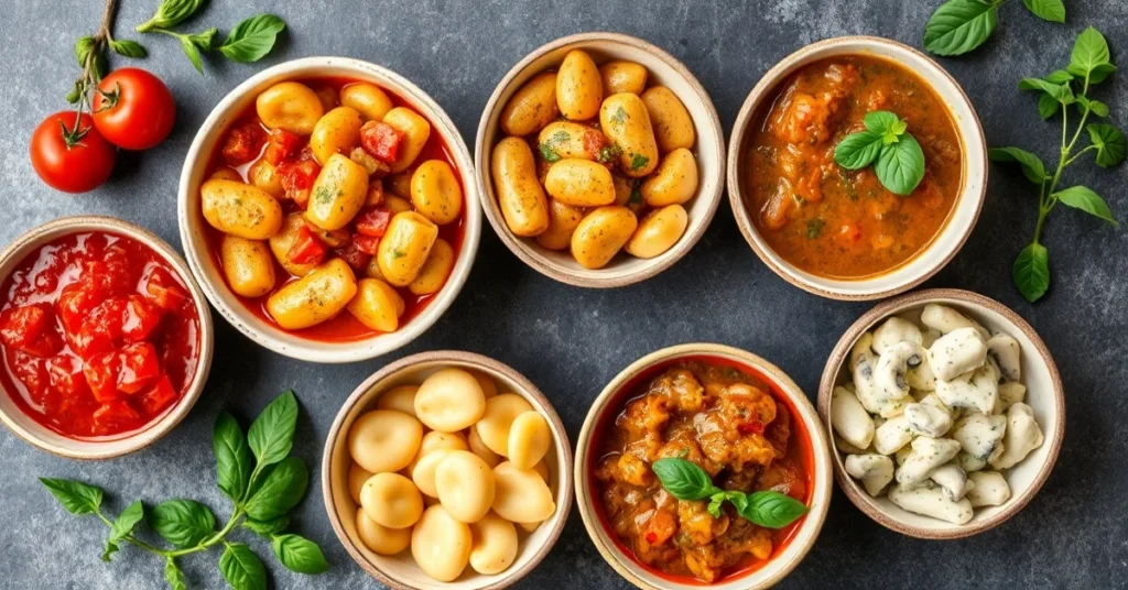 Overhead flat lay of five different gnocchi sauces in small bowls, tomato basil pesto cream gorgonzola mushroom, colorful vib