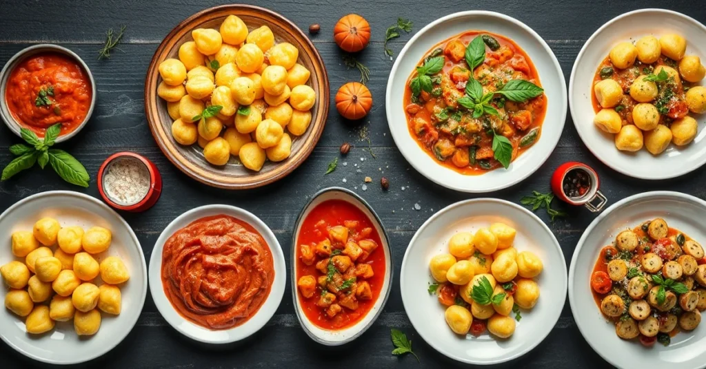 Overhead flat lay of seven different gnocchi dishes arranged artfully, colorful sauces, fresh herbs, parmesan, professional f