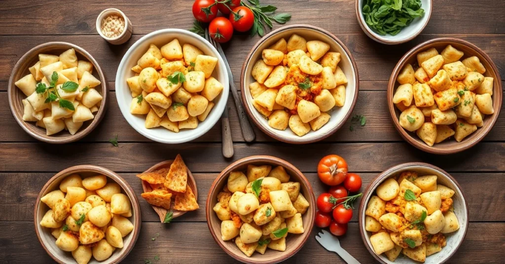 Overhead flat lay of seven different gnocchi recipes on rustic wooden table, colorful variety, natural daylight, Italian cuis