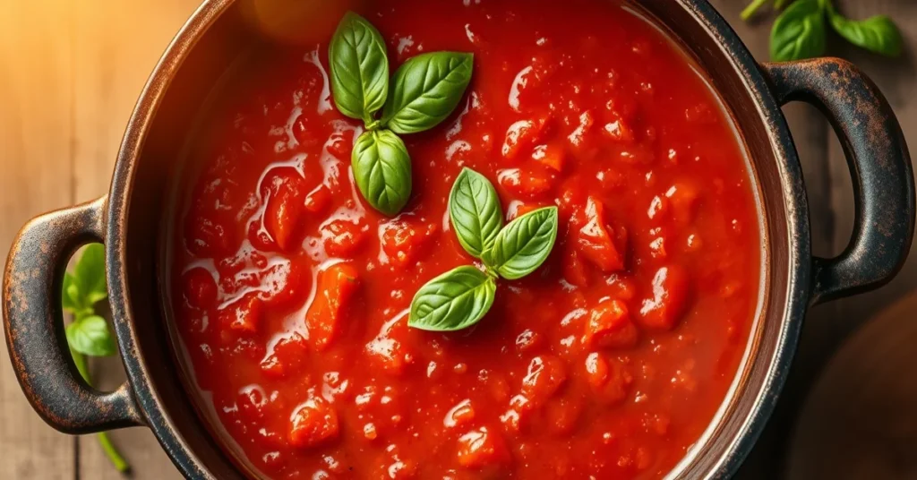 Overhead shot of rich homemade tomato sauce simmering in rustic pot, fresh basil leaves, Italian herbs, aromatic steam rising