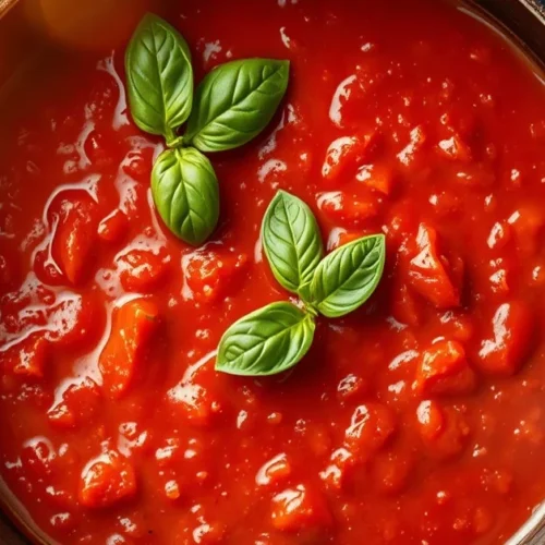 Overhead shot of rich homemade tomato sauce simmering in rustic pot, fresh basil leaves, Italian herbs, aromatic steam rising