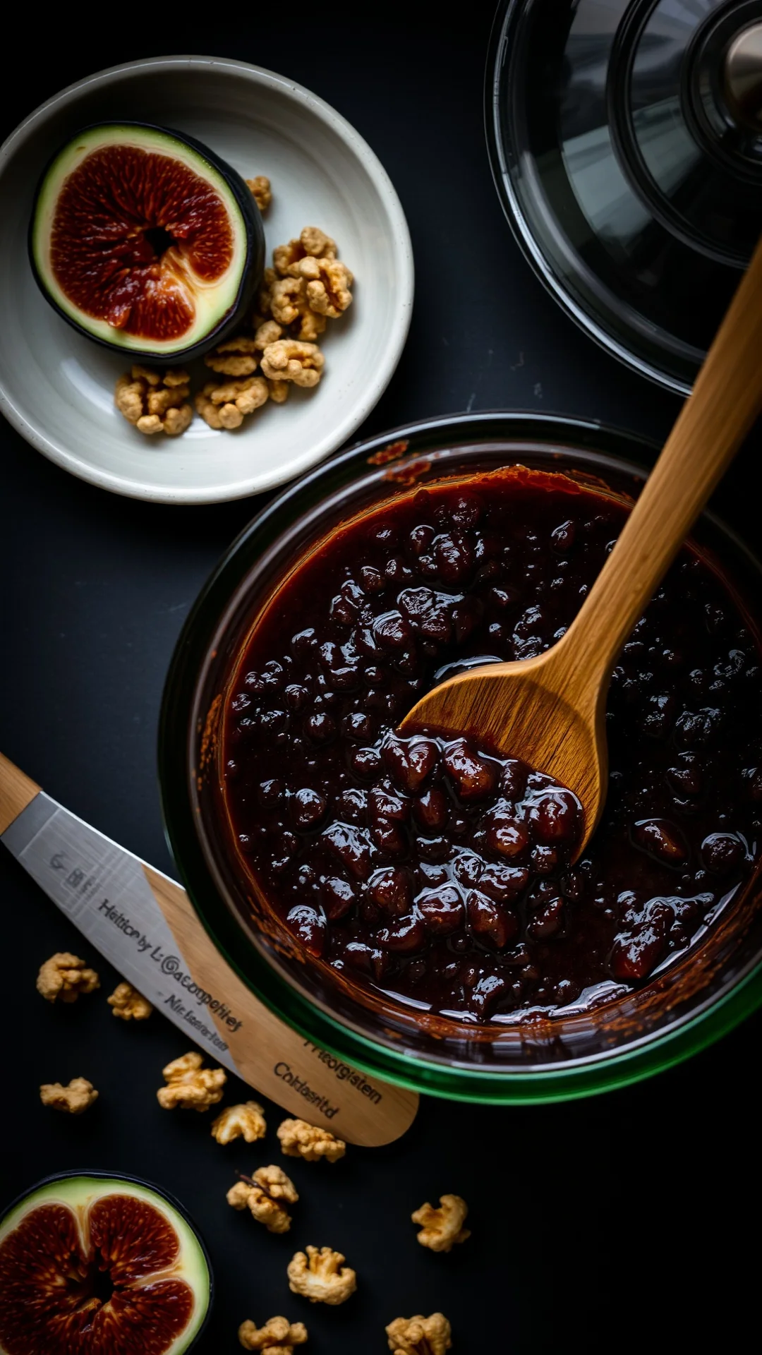 Overhead view fig walnut rum jam dark brown texture, crushed walnuts visible, vintage glass pot, wooden spreading knife, dark