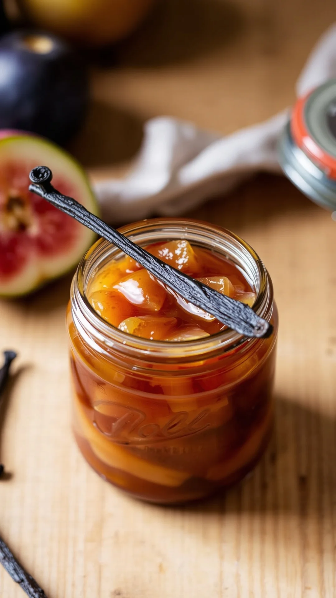 Overhead view of vanilla fig apple jam in glass jar, vanilla beans visible, golden brown preserve, warm natural light, wooden