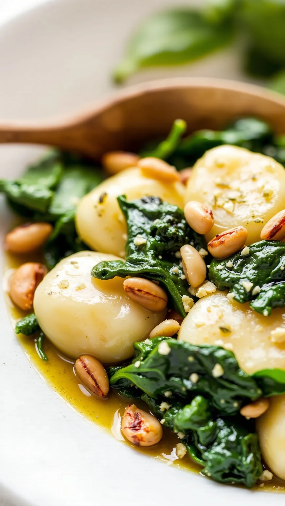 Pan-fried gnocchi with spinach and roasted pine nuts, garlic, close-up detail shot, professional food photography, natural li