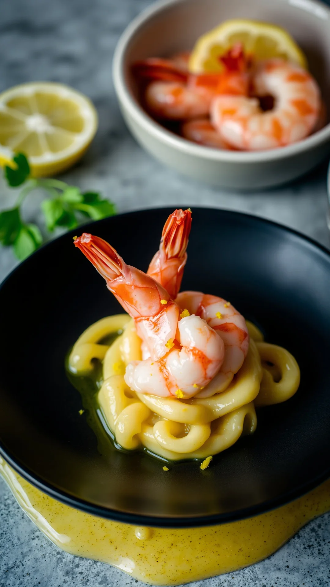 Pink shrimp resting on gnocchi with garlic butter sauce and fresh lemon zest, fine dining presentation, seafood elegance, pro