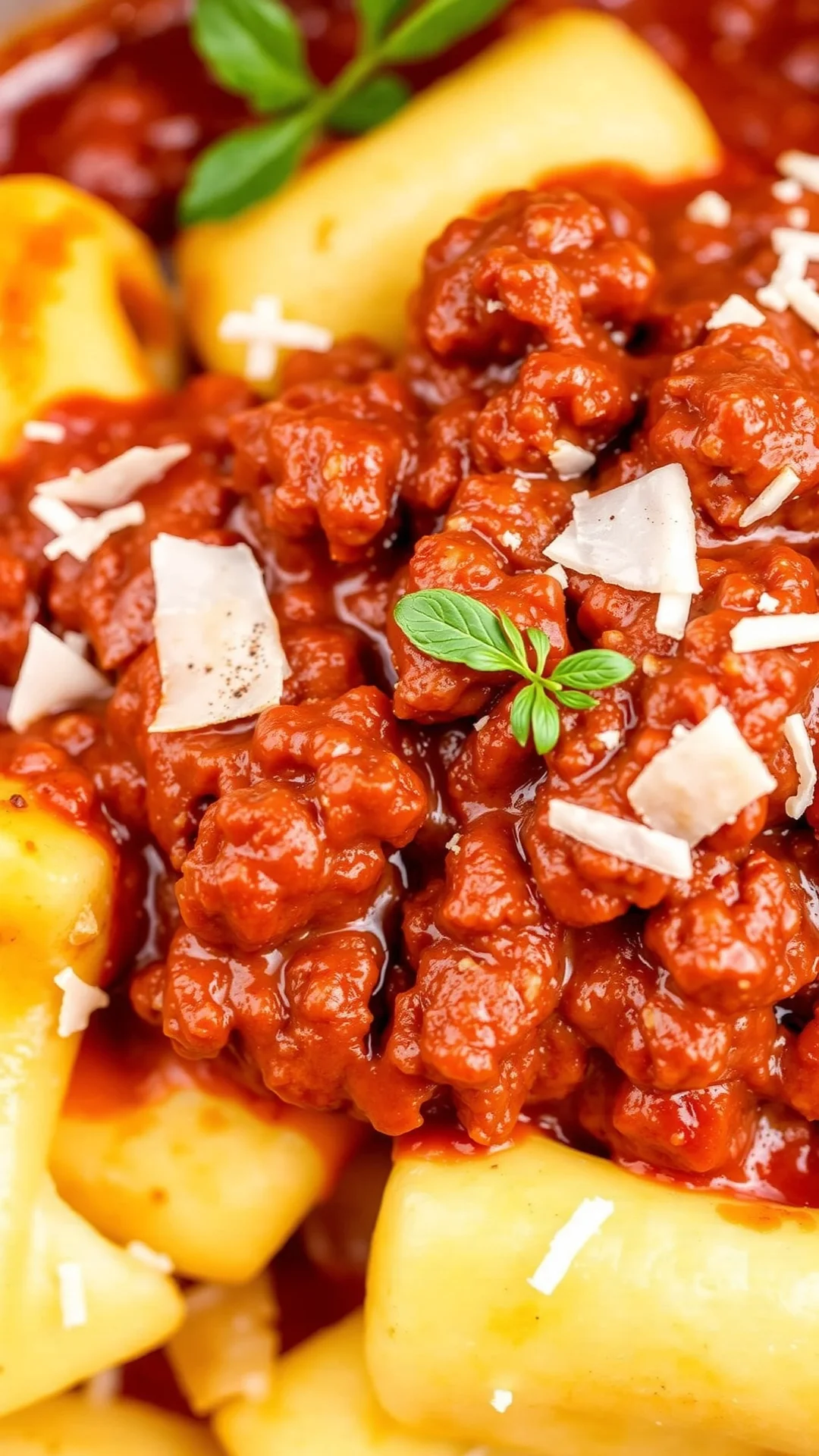 Rich meat Bolognaise sauce coating tender gnocchi with parmesan shavings, traditional Italian comfort food, warm and inviting