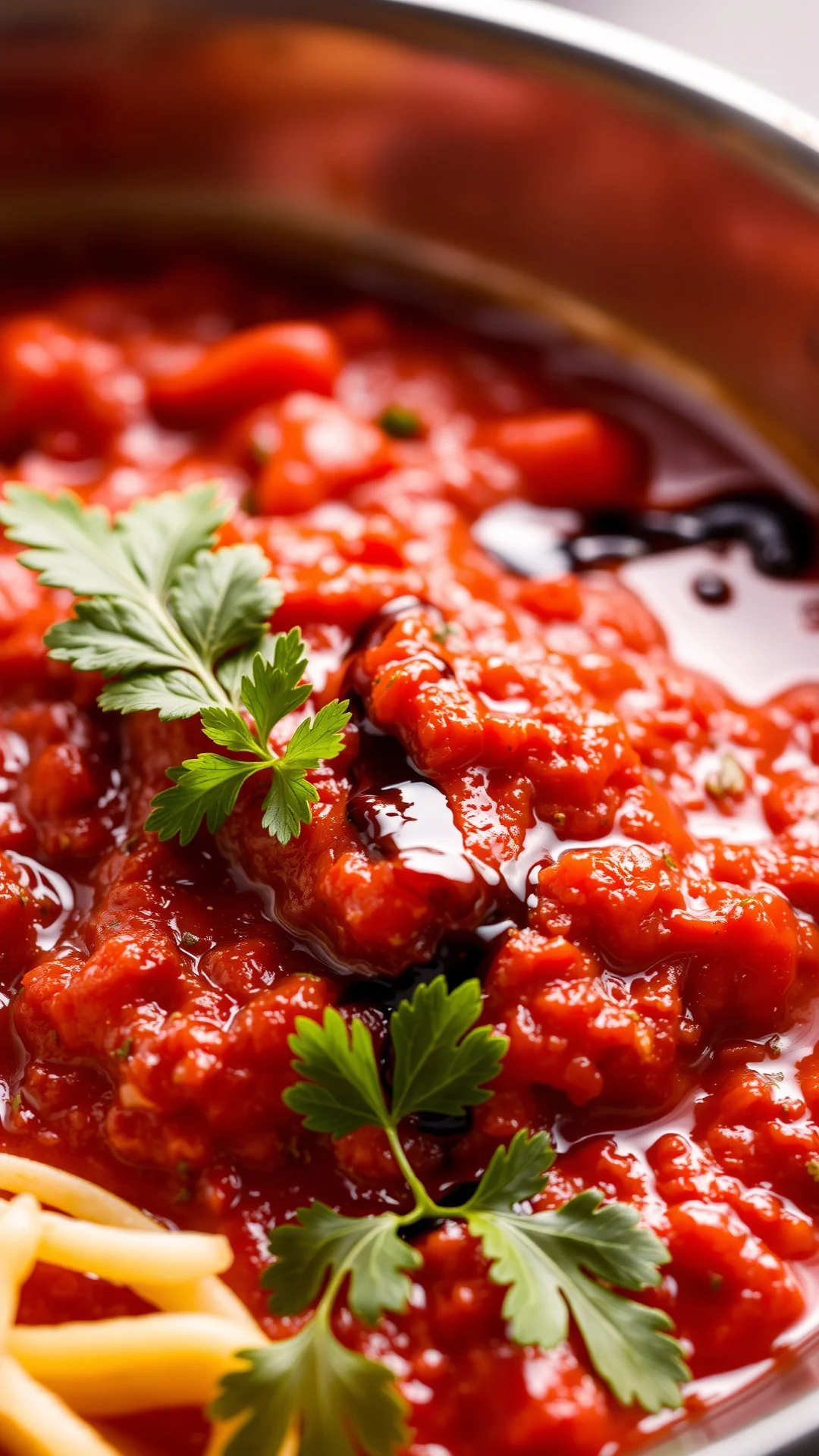 Rich spicy tomato sauce with red pepper and chili, deep red color, balsamic vinegar drizzle, fresh herbs, gourmet food stylin