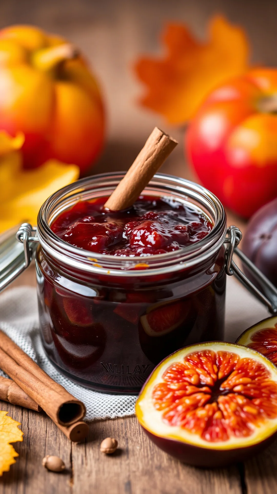 Spiced fig jam with cinnamon stick, warm autumn colors, aromatic preserves, vintage glass jar, cozy food styling, professiona