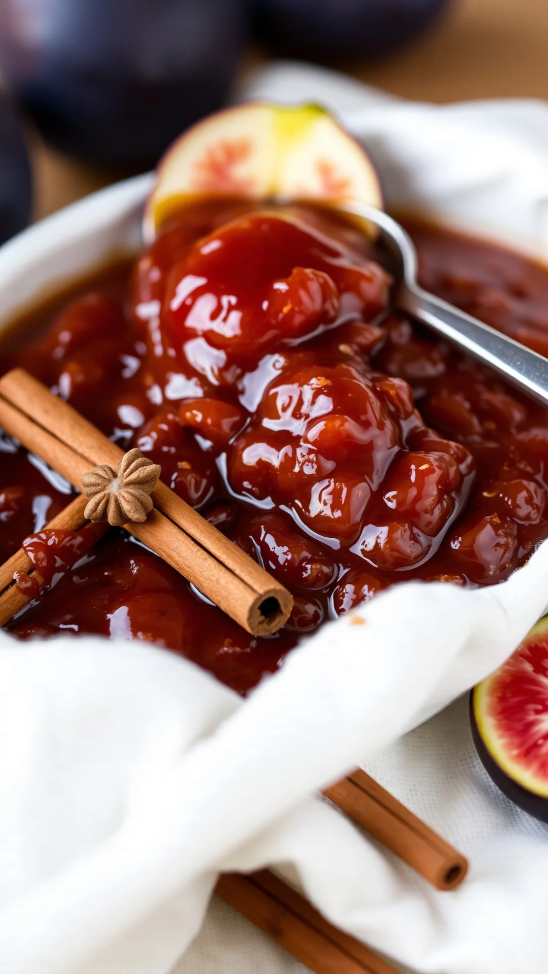 Spiced fig jam with cinnamon sticks and cloves, aromatic presentation, warm tones, traditional cooking utensils, heritage rec