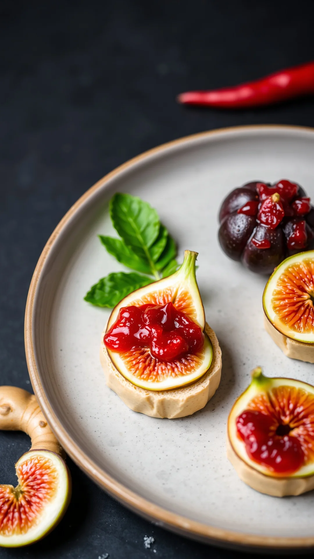 Spicy fig chili ginger jam vibrant ruby red, fresh ginger slices visible, chili pepper garnish, modern minimalist plating, pr