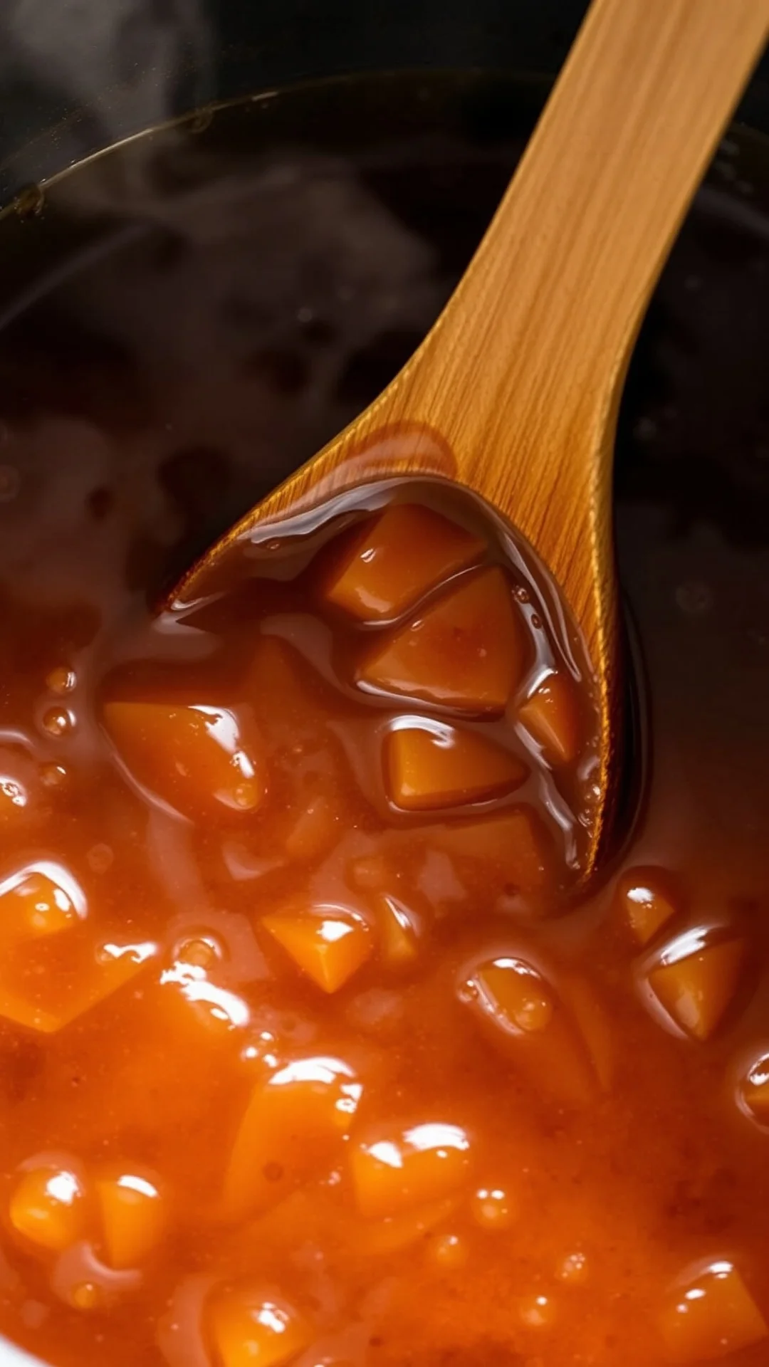 Thick homemade fig jam being stirred with wooden spoon in large pot, glossy golden brown jam, steam rising, bubbling surface