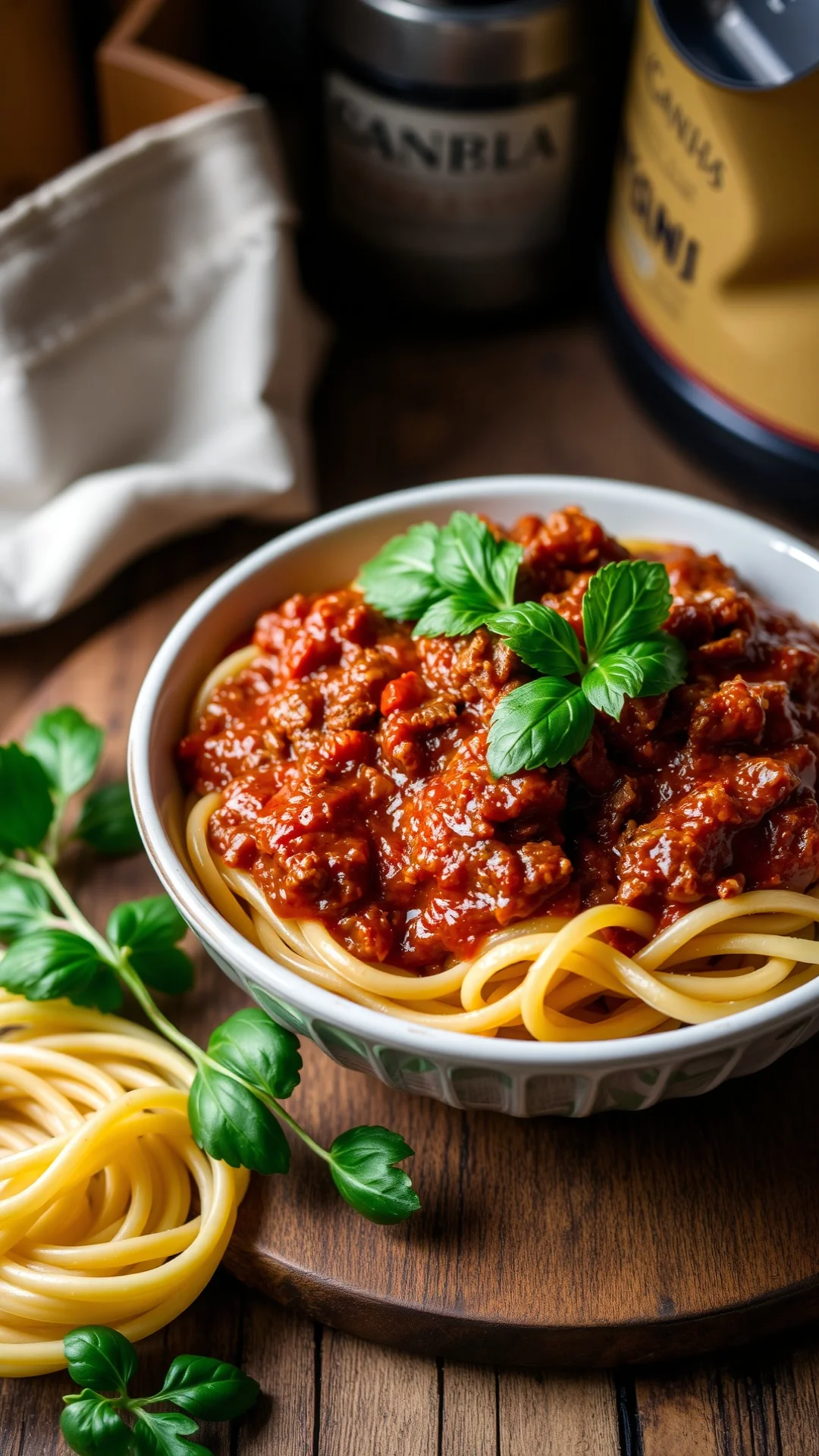 Traditional Bolognese meat sauce with ground beef, rich deep color, fresh pasta, gourmet food photo, rustic Italian kitchen a