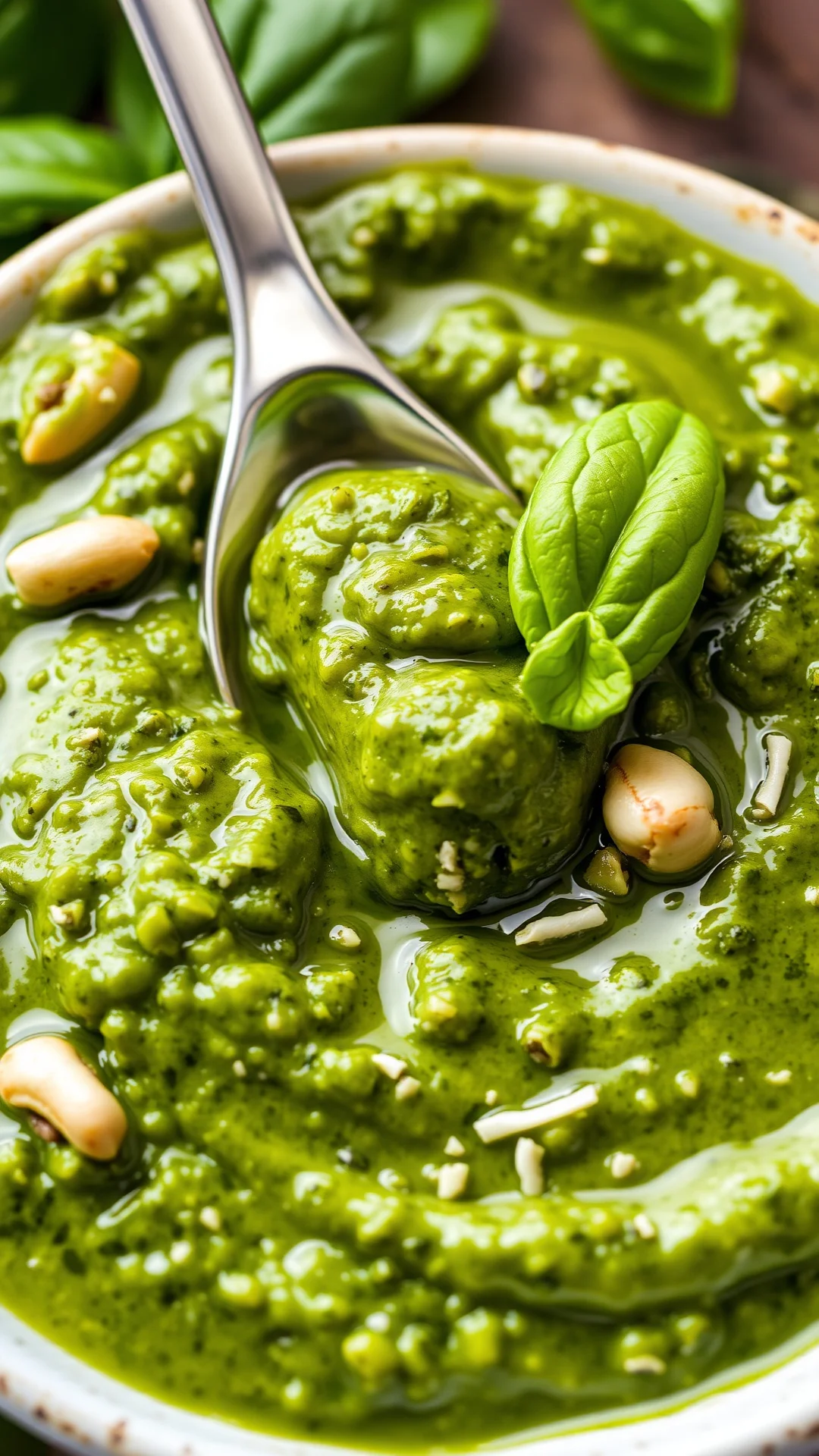 Traditional pesto sauce with fresh basil, pine nuts, parmesan, bright green color, drizzled with olive oil, artistic food pho