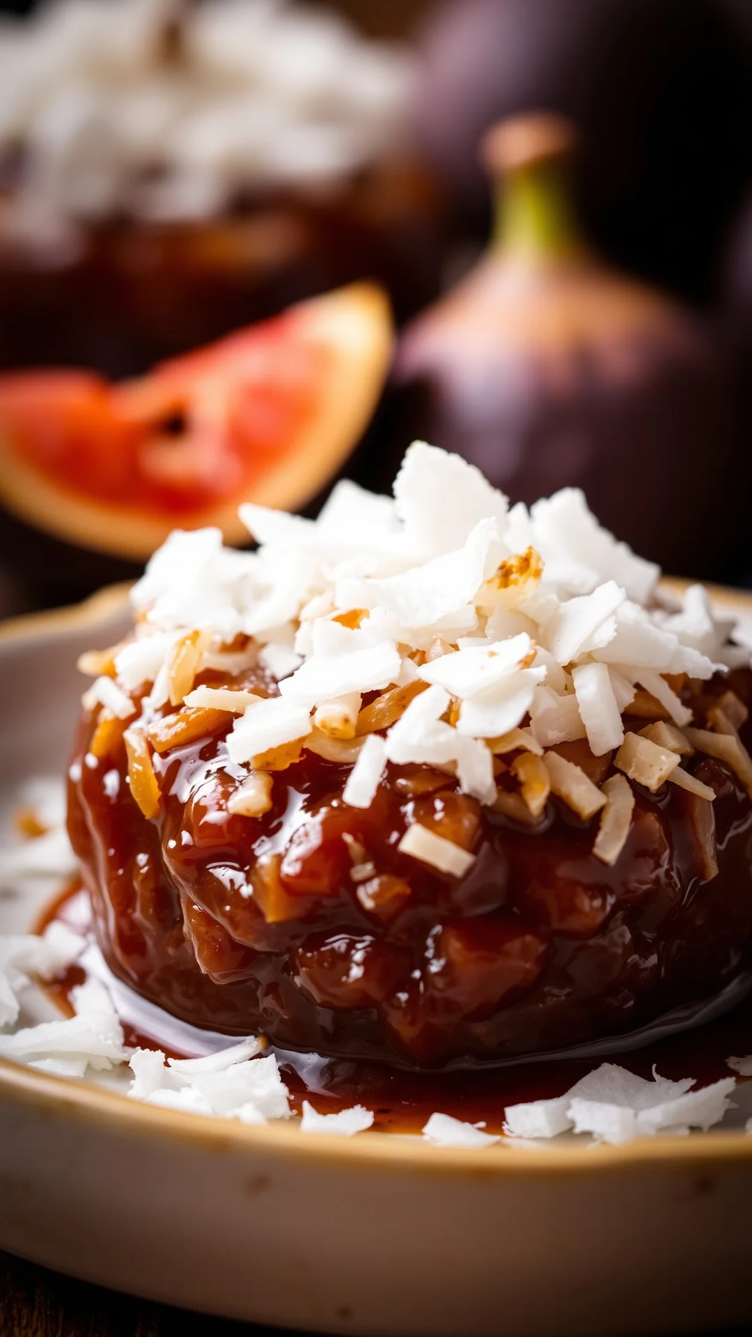 Tropical fig jam with shredded coconut, rum-infused, coconut flakes on top, exotic presentation, warm lighting, gourmet style