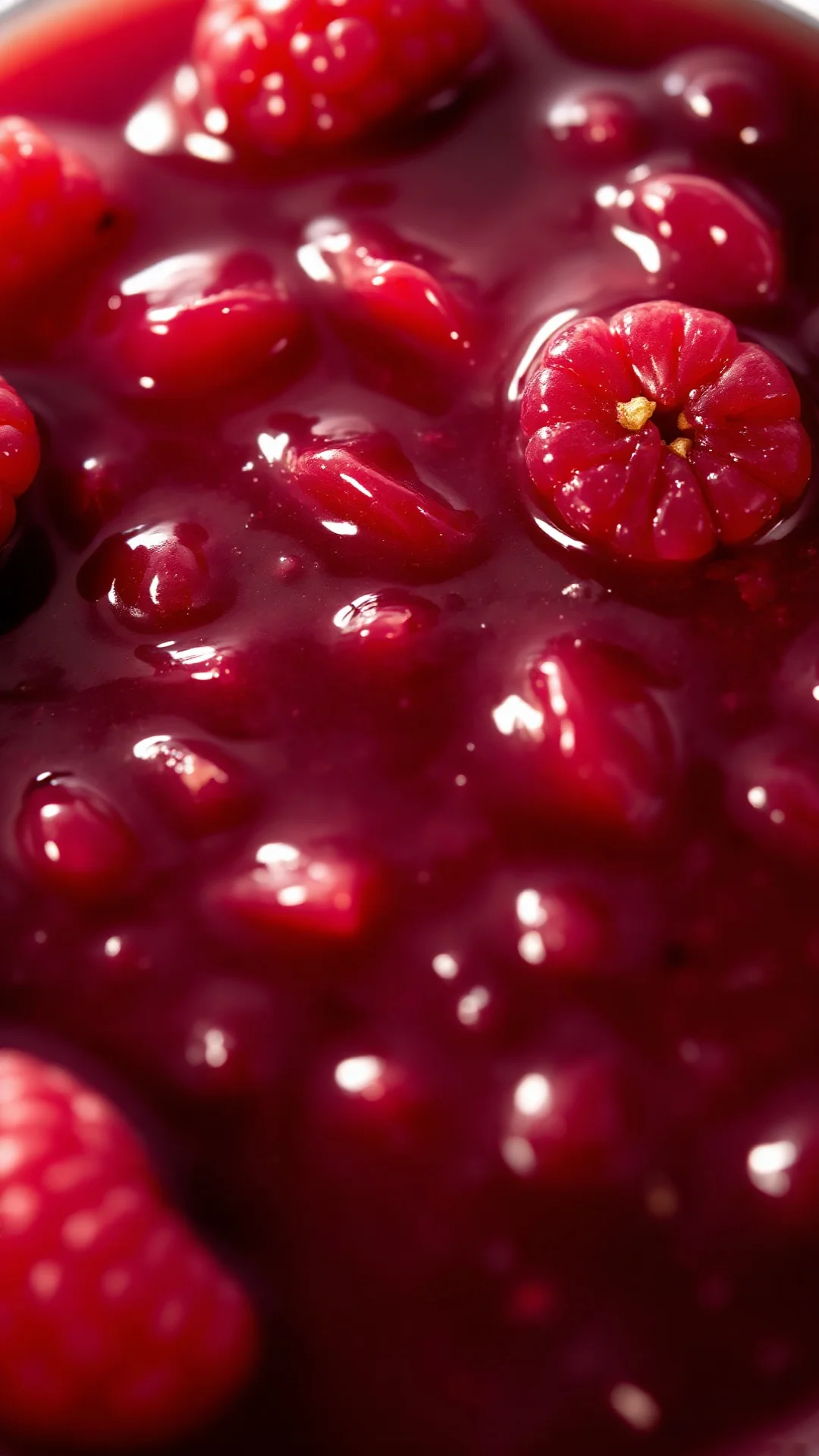Vibrant close-up of fig apple raspberry jam, red and purple tones, fresh berries scattered, glossy jam surface, sunlight, gla