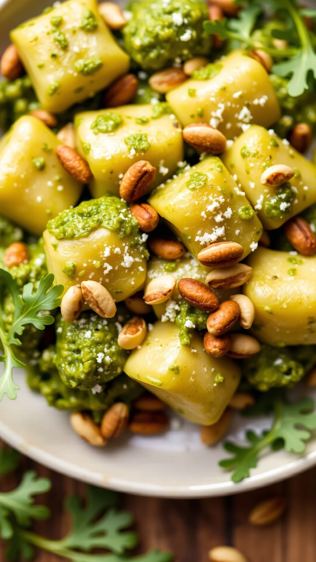 Vibrant green pesto-coated gnocchi with toasted pine nuts scattered on top, fresh arugula garnish, professional food photogra