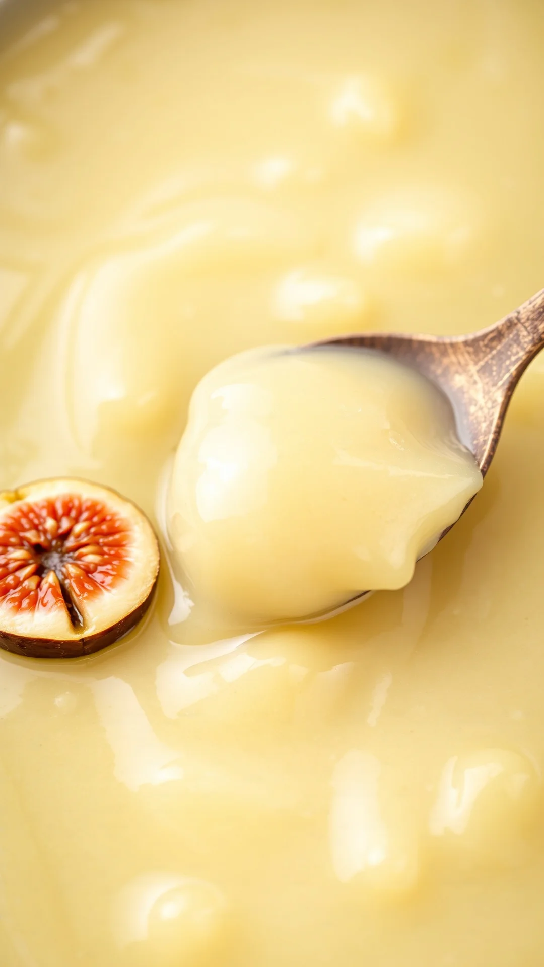 White fig jam with vanilla pods, creamy pale golden color, fresh vanilla beans, rustic wooden spoon, gourmet presentation