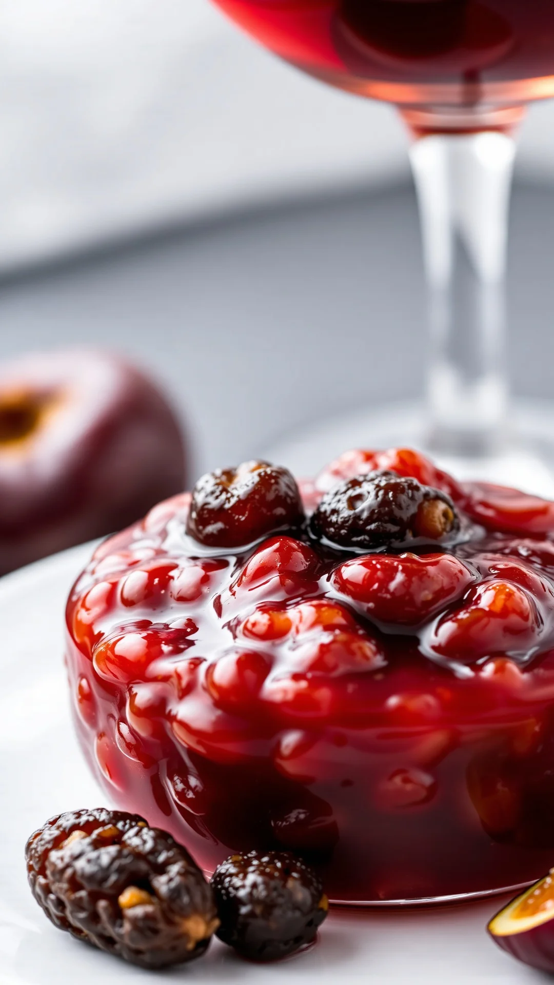 Wine fig jam with raisins, deep burgundy golden color, plump raisins visible, white wine glass backdrop, elegant presentation