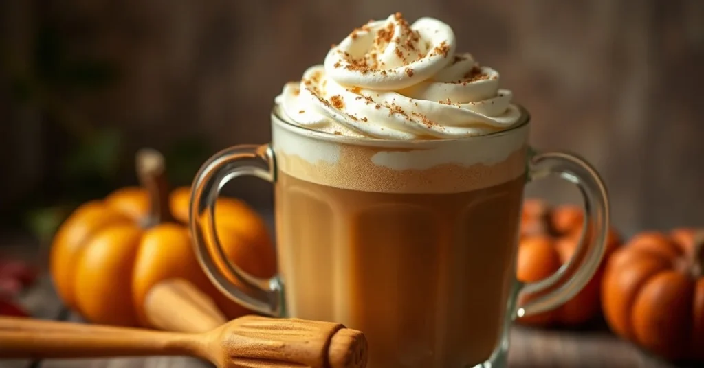 A steaming Pumpkin Spice Latte in a glass mug topped with whipped cream and cinnamon sprinkle, autumn aesthetic, warm lightin
