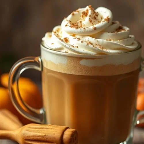 A steaming Pumpkin Spice Latte in a glass mug topped with whipped cream and cinnamon sprinkle, autumn aesthetic, warm lightin