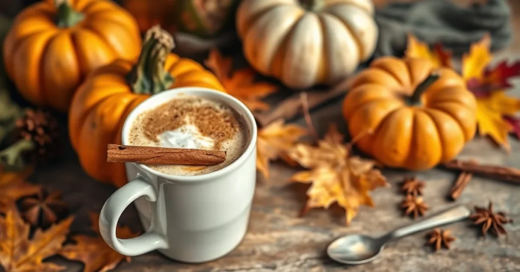 A warm pumpkin spice latte in a white ceramic mug with cinnamon stick, surrounded by fresh pumpkin, autumn leaves, and spices