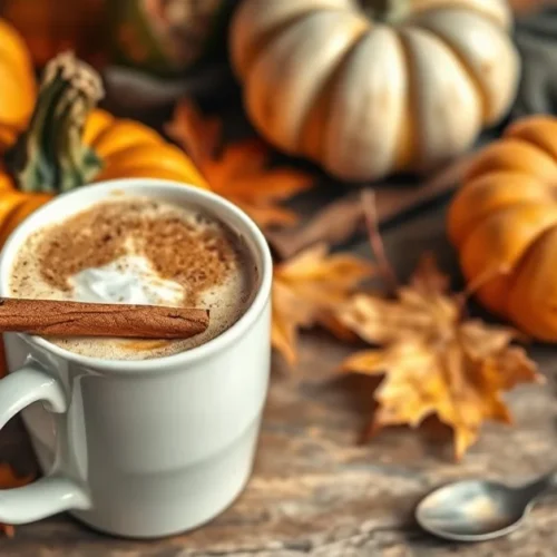 A warm pumpkin spice latte in a white ceramic mug with cinnamon stick, surrounded by fresh pumpkin, autumn leaves, and spices