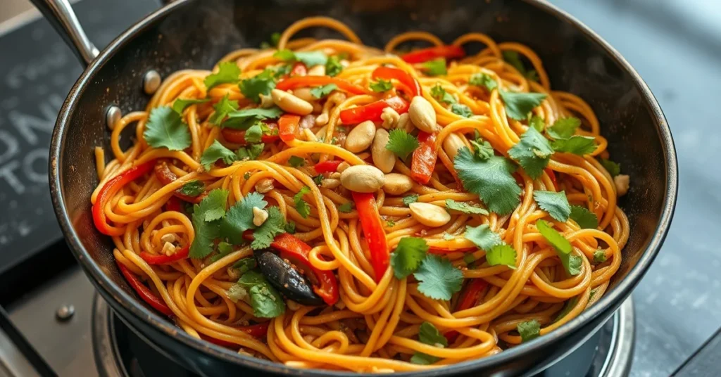 Appetizing Asian stir-fried noodles in a wok with colorful vegetables, fresh herbs, peanuts, vibrant restaurant-quality prese