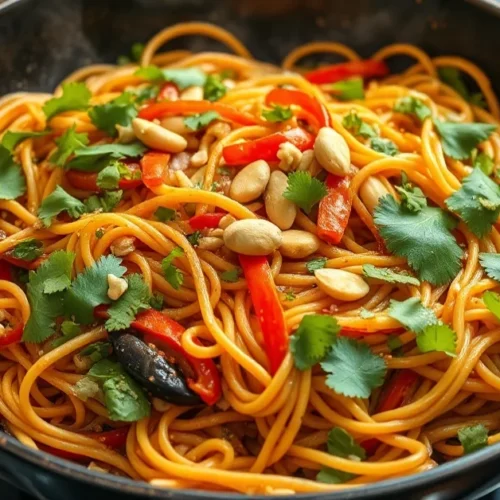 Appetizing Asian stir-fried noodles in a wok with colorful vegetables, fresh herbs, peanuts, vibrant restaurant-quality prese