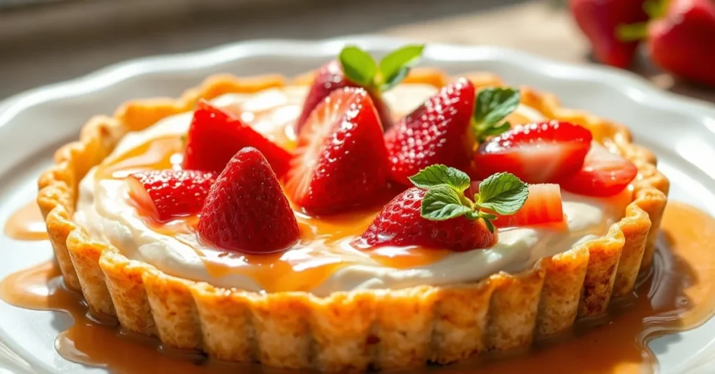 Appetizing strawberry rhubarb tart with golden pastry crust, creamy pastry cream, fresh red strawberries and pink rhubarb pie