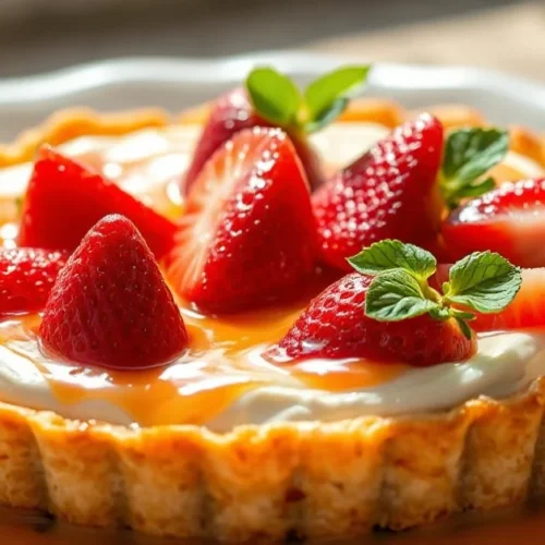 Appetizing strawberry rhubarb tart with golden pastry crust, creamy pastry cream, fresh red strawberries and pink rhubarb pie