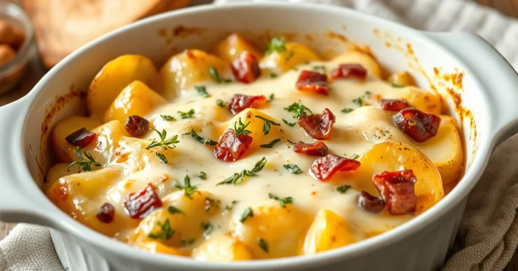 Appetizing tartiflette without bacon in white baking dish, melted Reblochon cheese, creamy potatoes, fresh herbs garnish, rus