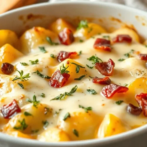 Appetizing tartiflette without bacon in white baking dish, melted Reblochon cheese, creamy potatoes, fresh herbs garnish, rus