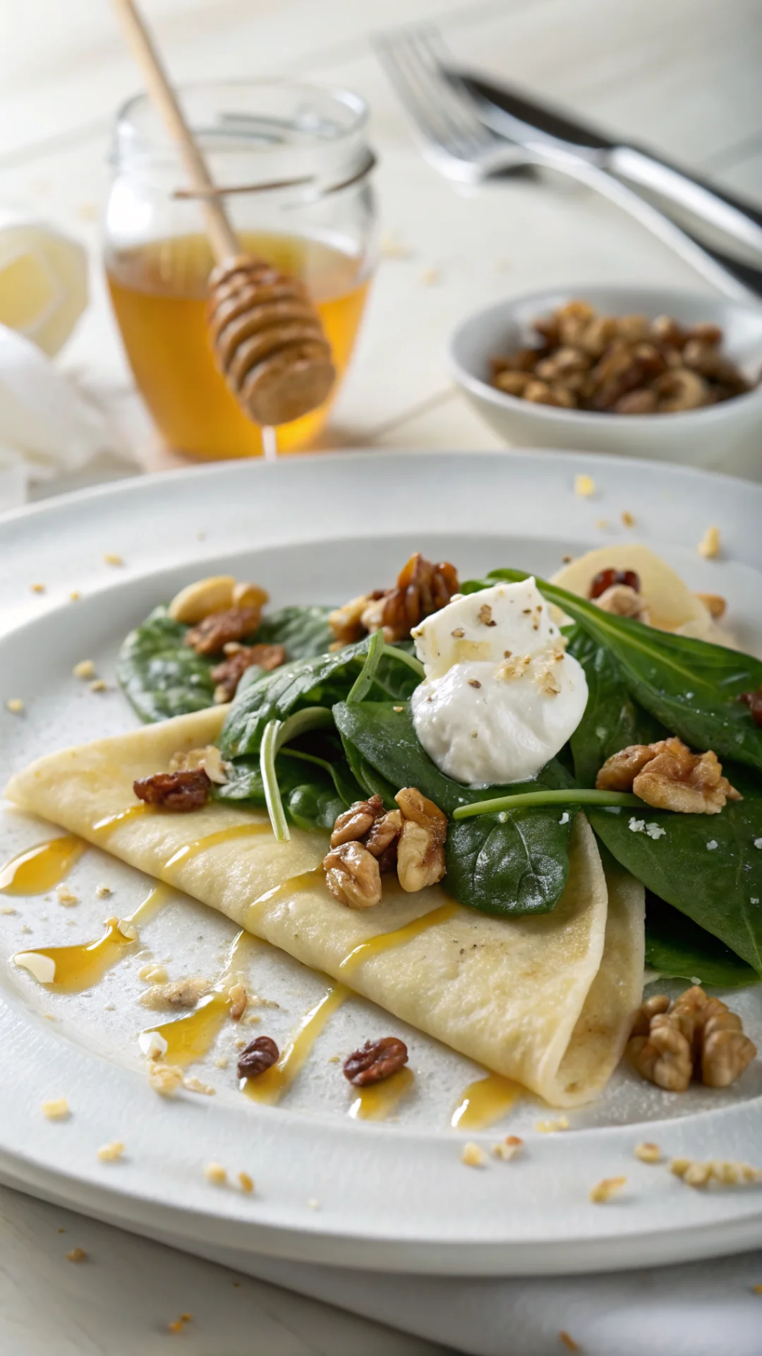 Artistic plated crepe with vibrant green sauteed spinach, creamy white goat cheese, scattered toasted walnuts, drizzle of hon