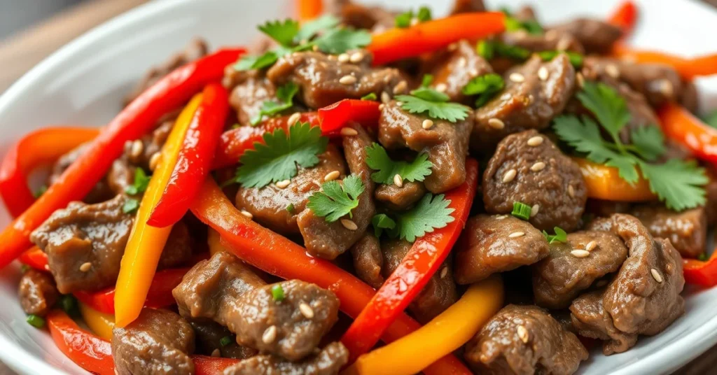 Asian beef stir fry with vibrant red and yellow peppers, tender beef strips, aromatic ginger garlic, garnished with sesame se